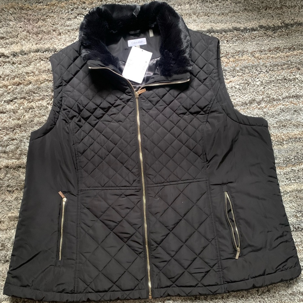 Black faux far vest jacket - fall winter  - new Calvin Klein